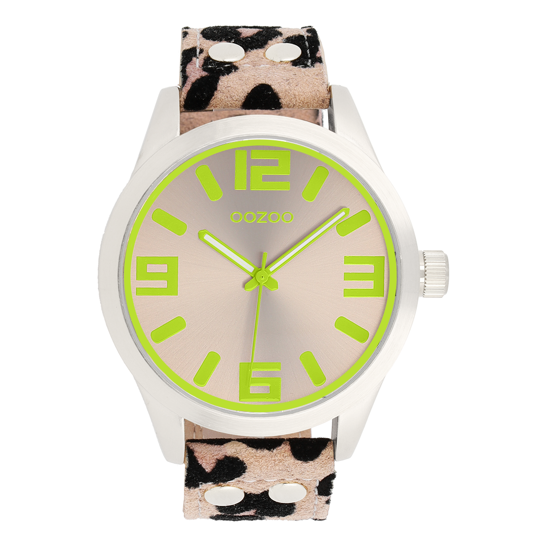 Silver coloured OOZOO watch with brown leather strap - C0902