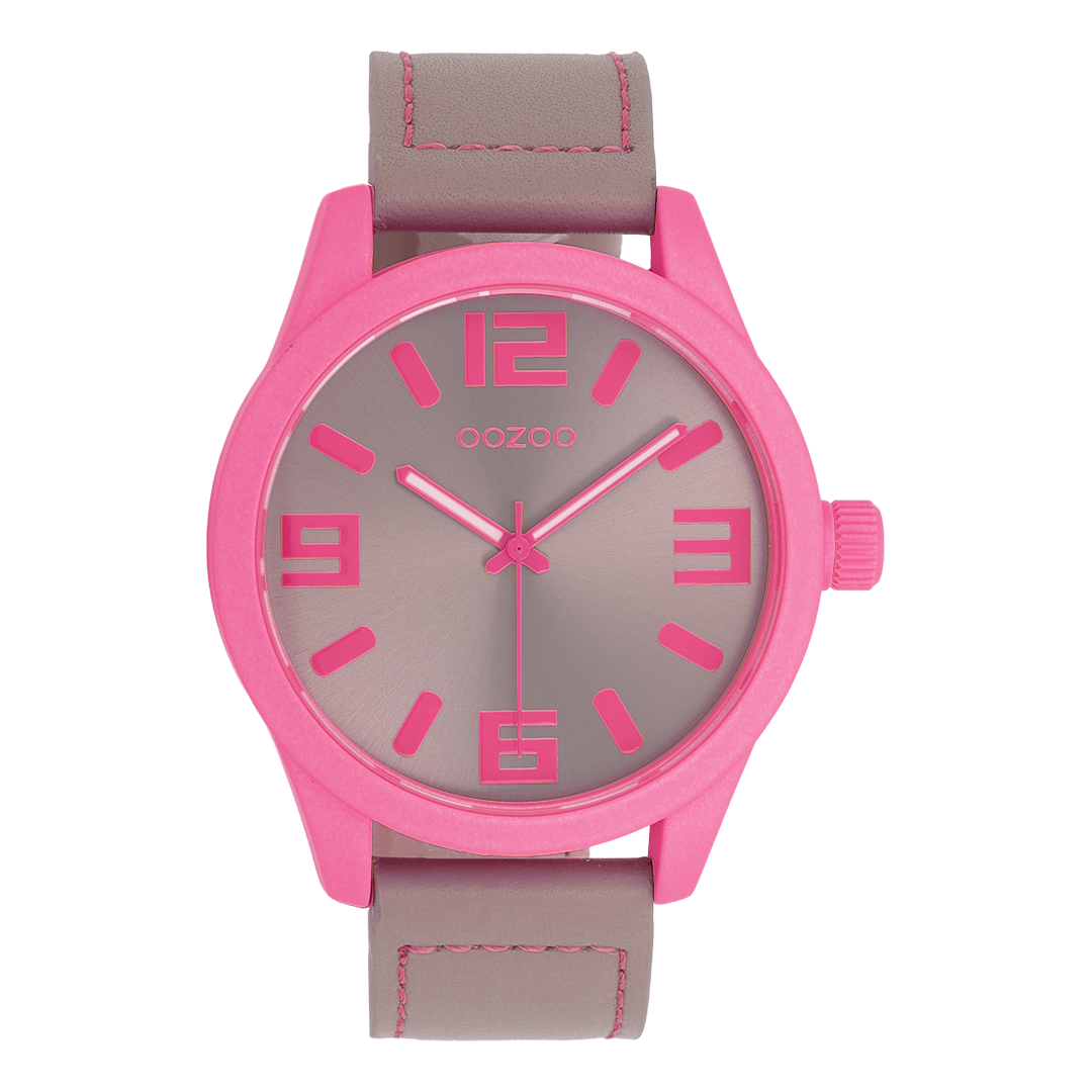 Fluo pink watch with taupe leather strap – C0906
