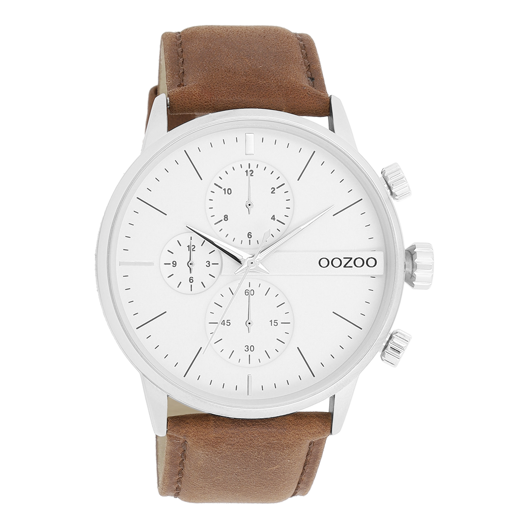 Silver coloured OOZOO watch with brown leather strap - C11220