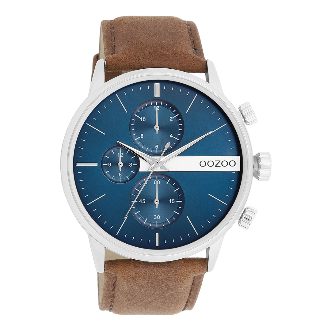 Silver coloured OOZOO watch with brown leather strap - C11221
