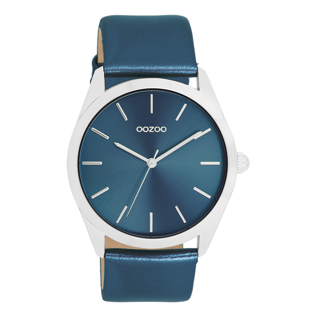 Silver coloured OOZOO watch with blue leather strap - C11337