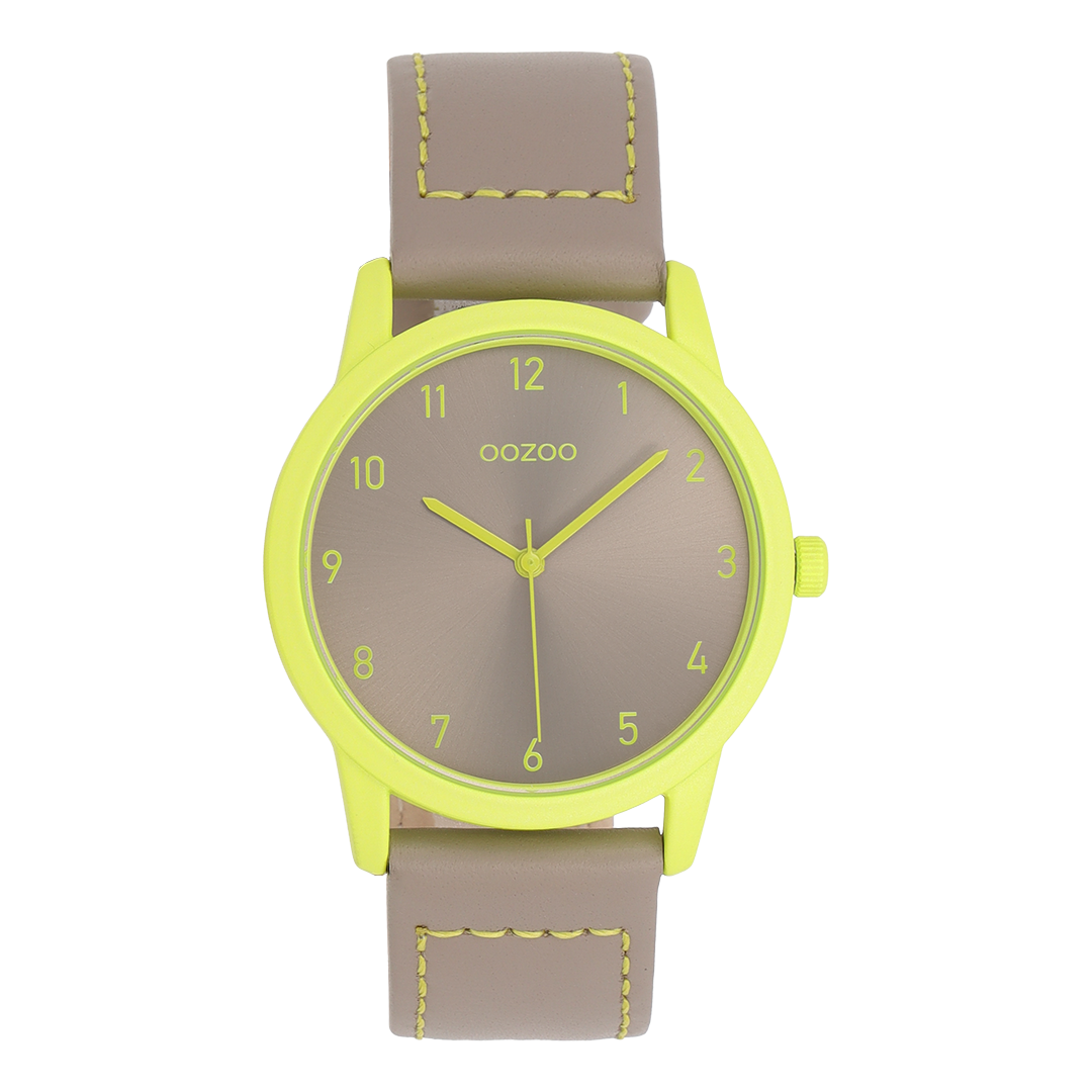 Fluo green OOZOO watch with taupe leather strap - C11557