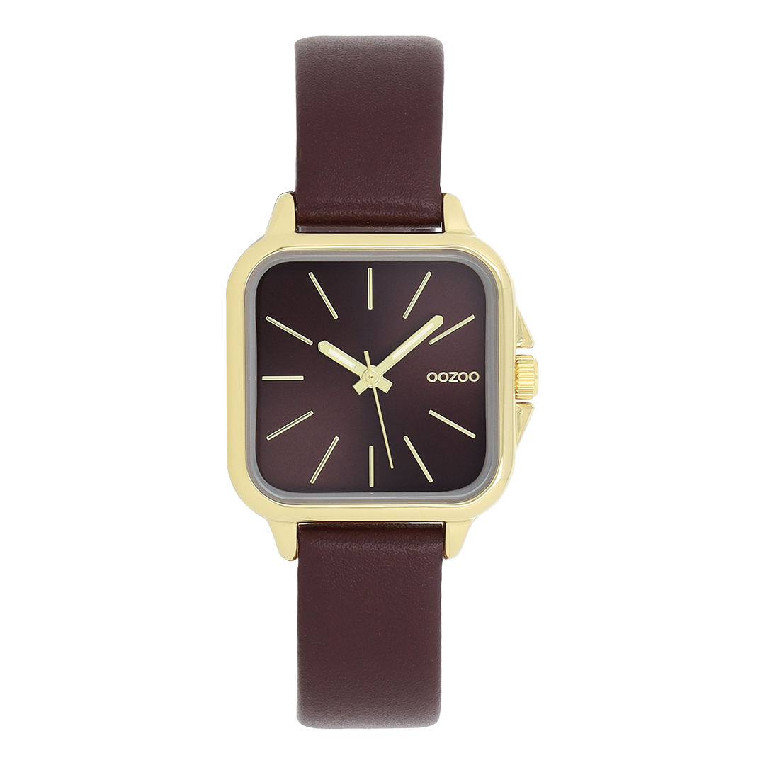 Gold coloured OOZOO watch with fig red leather strap - C11613