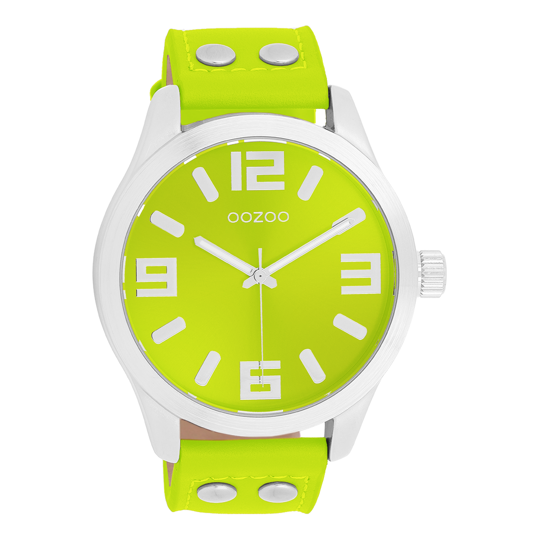 Silver coloured OOZOO watch with lime green leather strap - C11652