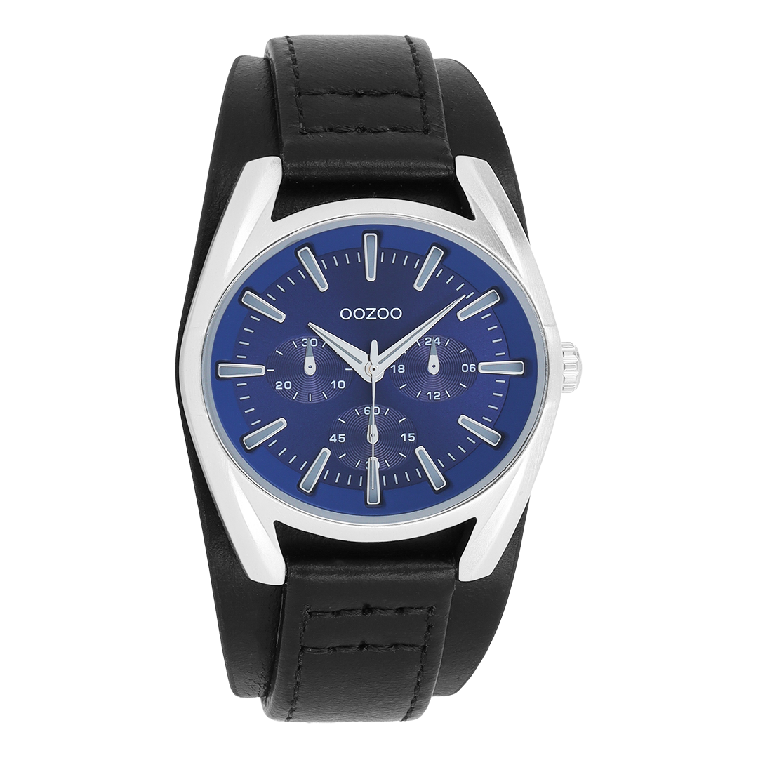 OOZOO Montre en couleur argent avec bracelet en cuir en noir - C11703
