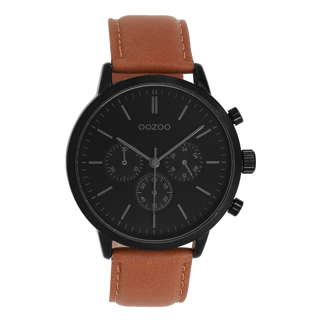 OOZOO Montre en noir avec bracelet en cuir en marron - C11708
