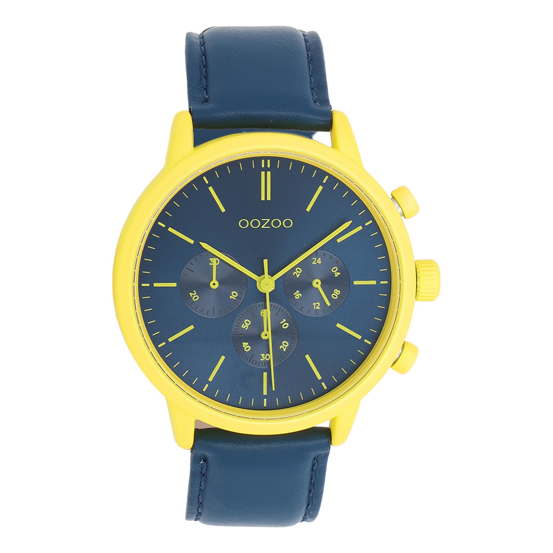 OOZOO Montre en jaune fluo avec bracelet en cuir en bleu - C11709