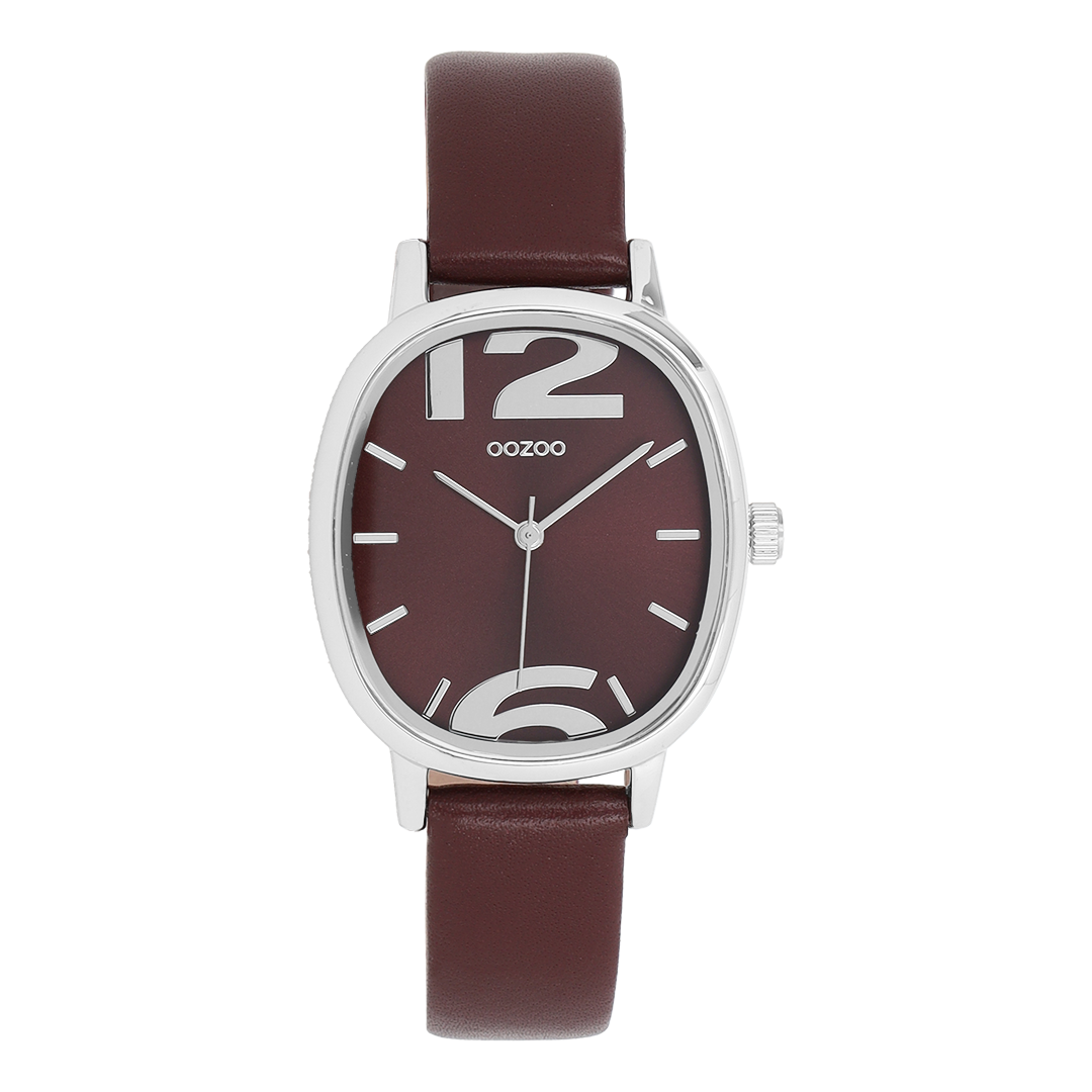 Zilverkleurige OOZOO horloge met bordeaux leren band - C11720