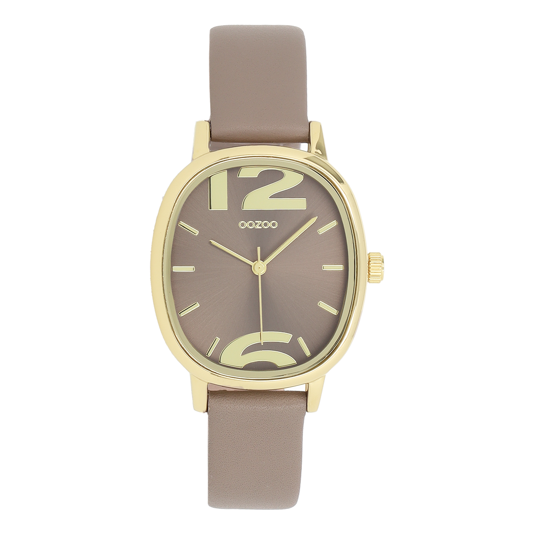 Goudkleurige OOZOO horloge met taupe leren band - C11721