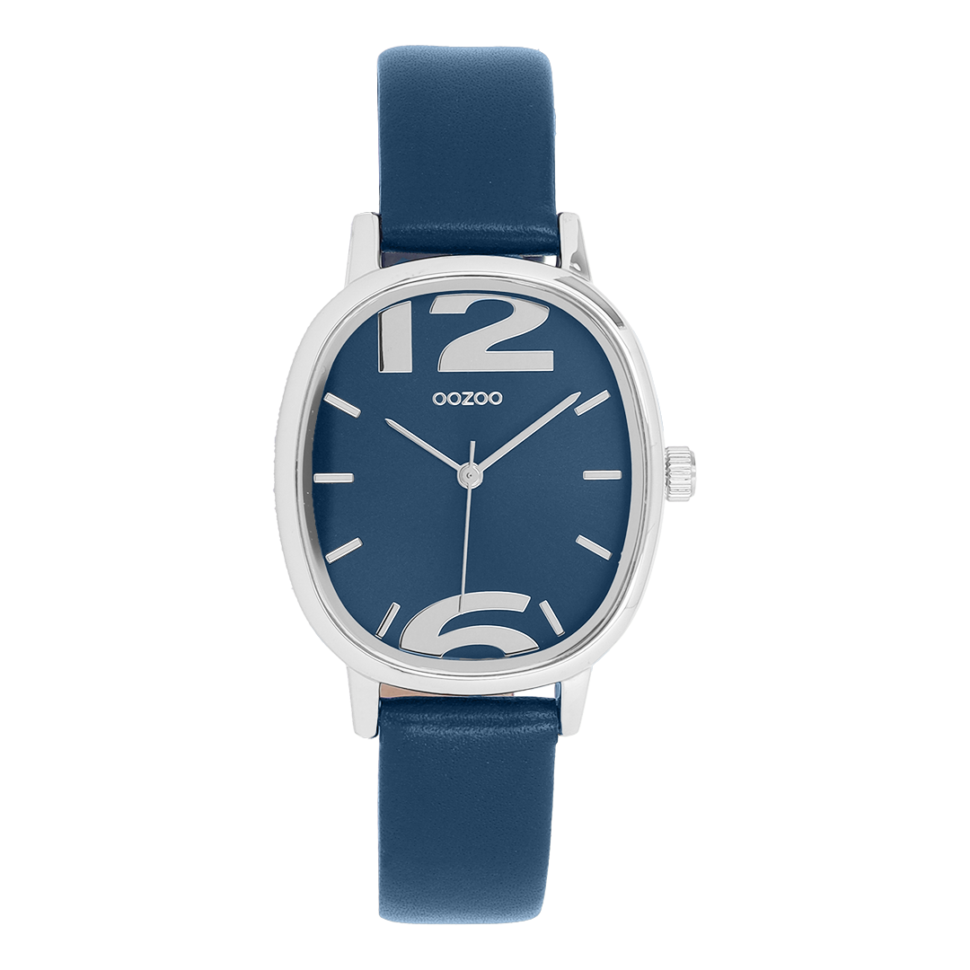 Zilverkleurige OOZOO horloge met donker blauwe leren band - C11723