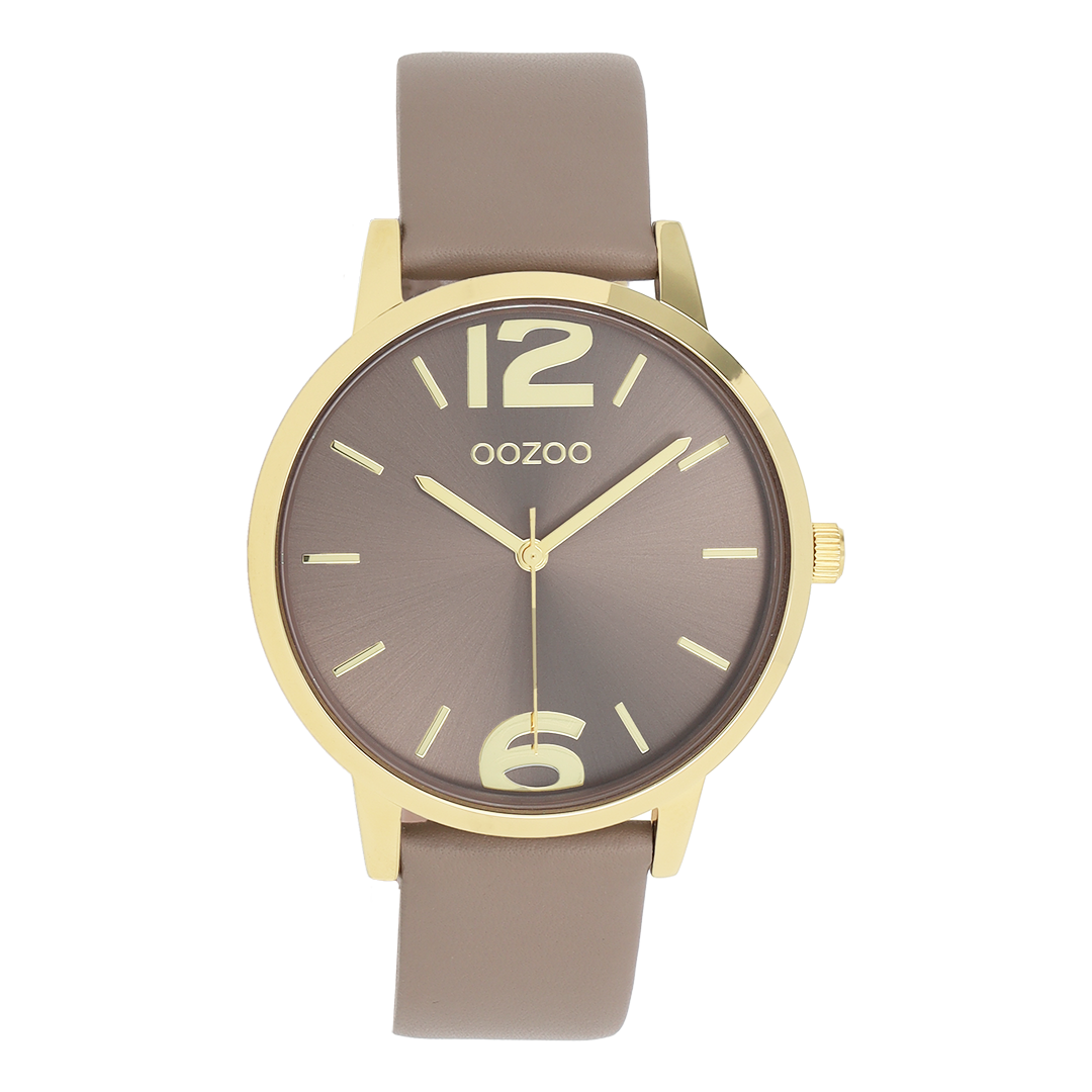 Goudkleurige OOZOO horloge met taupe leren band - C11725
