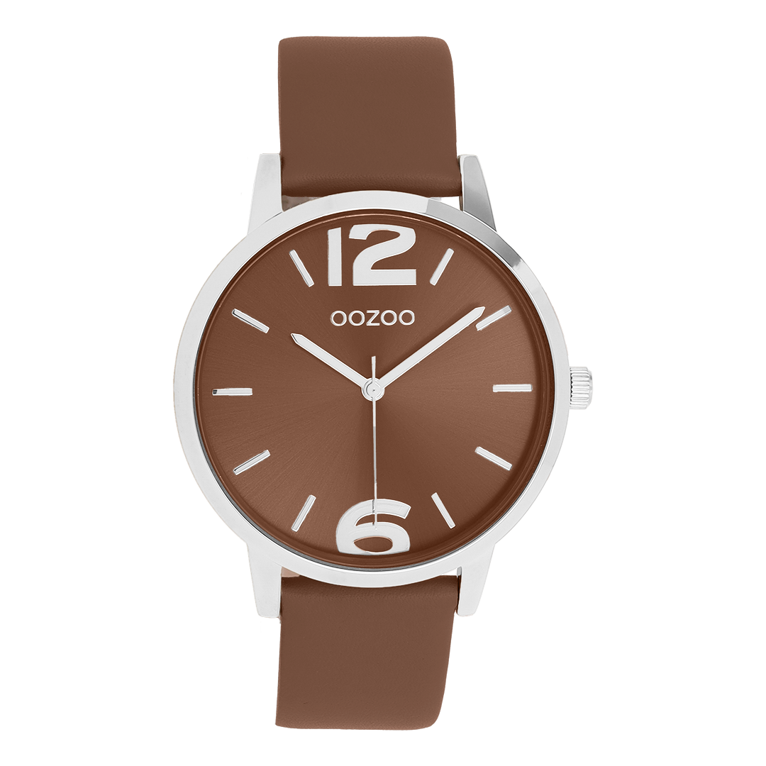 Zilverkleurige OOZOO horloge met toffeebruine leren band - C11726