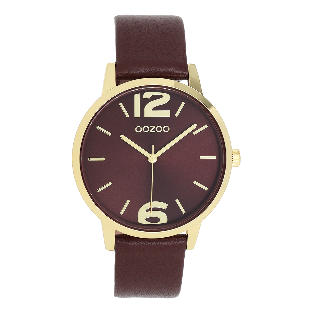 Goudkleurige OOZOO horloge met bordeaux leren band - C11728