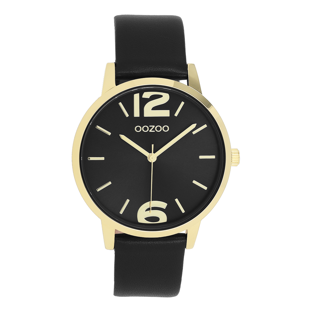 Goudkleurige OOZOO horloge met zwarte leren band - C11729