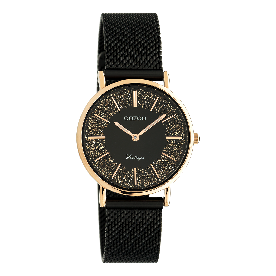 Rose gold coloured OOZOO watch with black metal mesh bracelet - C20143
