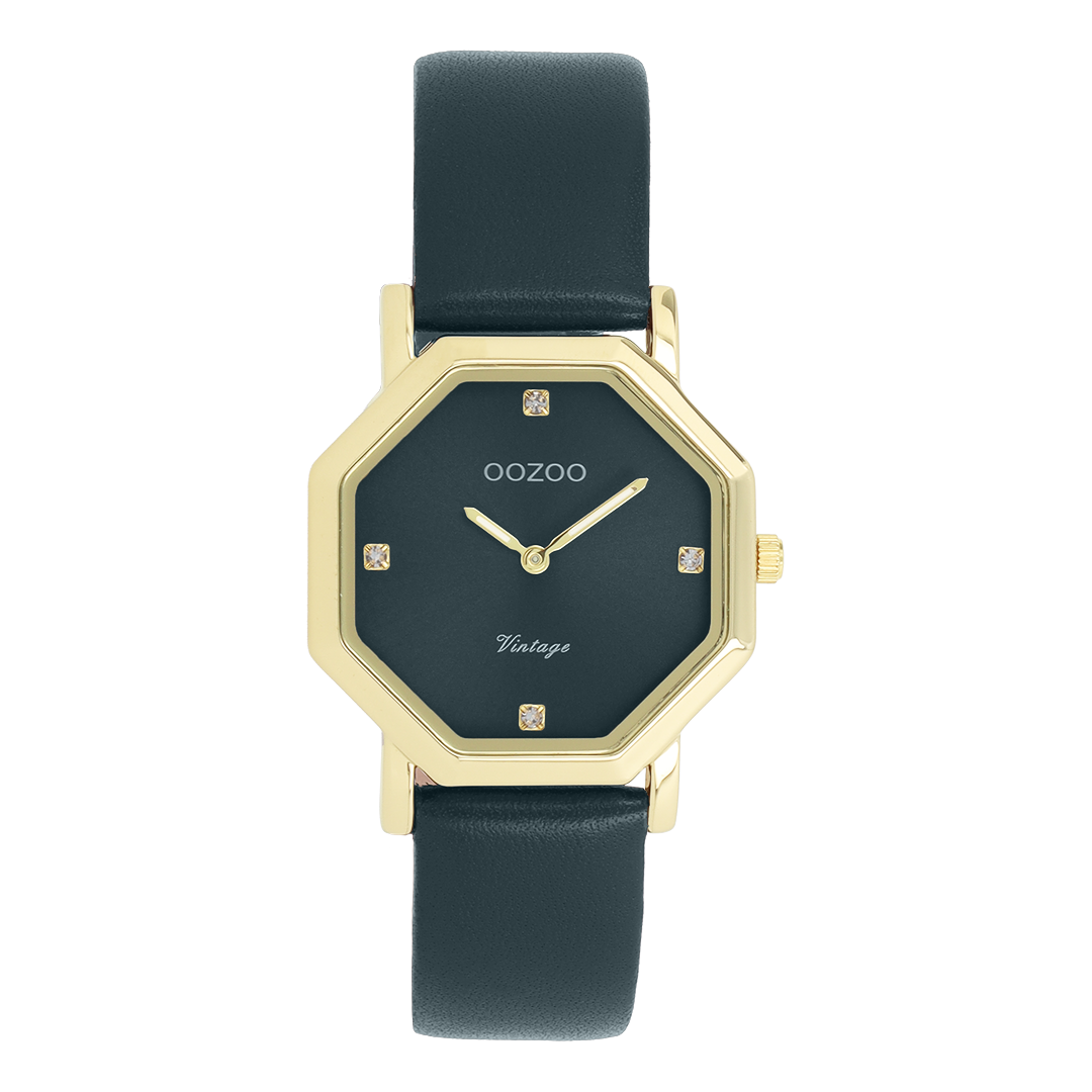 OOZOO Montre en couleur or avec bracelet en cuir en vert foncé - C20476