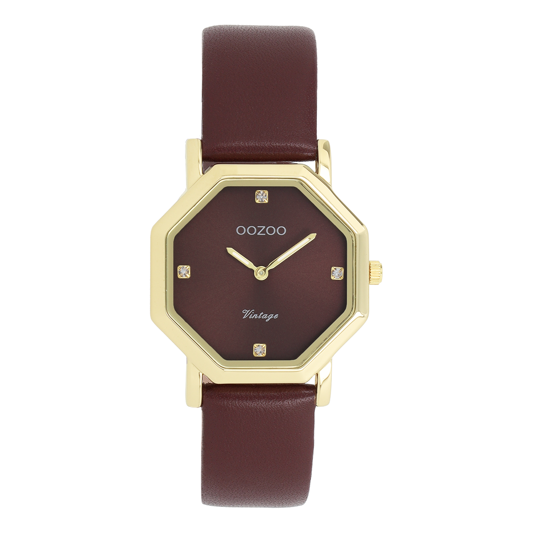 OOZOO Montre en couleur or avec bracelet en cuir en bordeaux - C20477