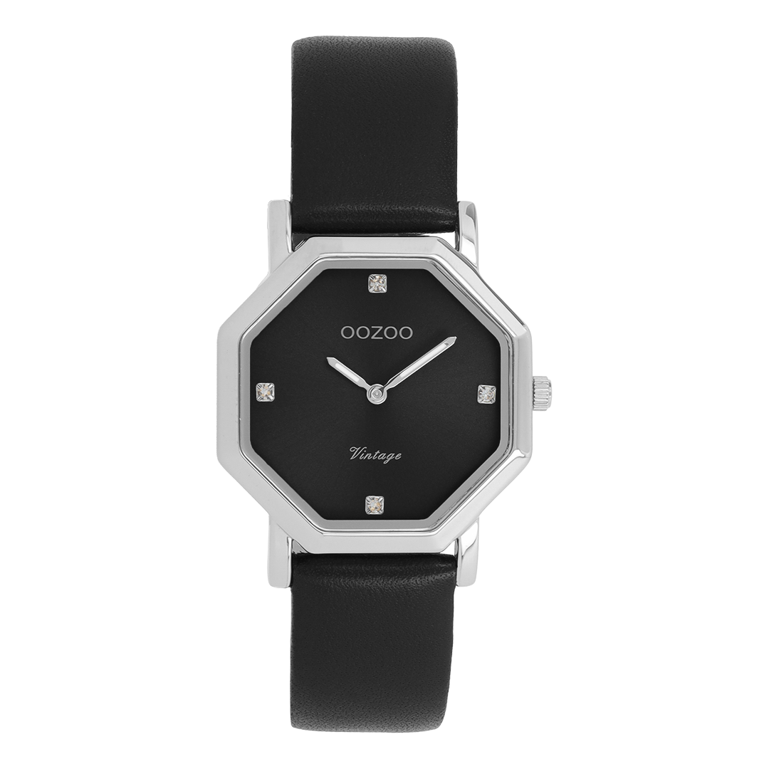 OOZOO Montre en couleur argent avec bracelet en cuir en noir - C20478