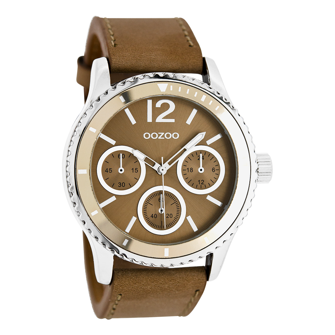 Silver coloured OOZOO watch with brown leather strap - C5677