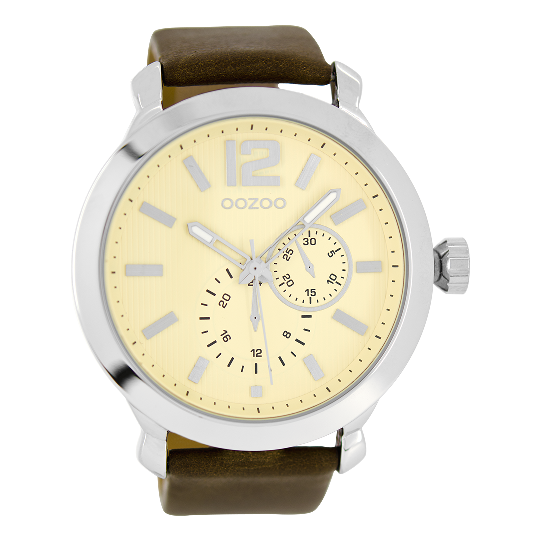 Silver coloured OOZOO watch with dark brown leather strap - C6076