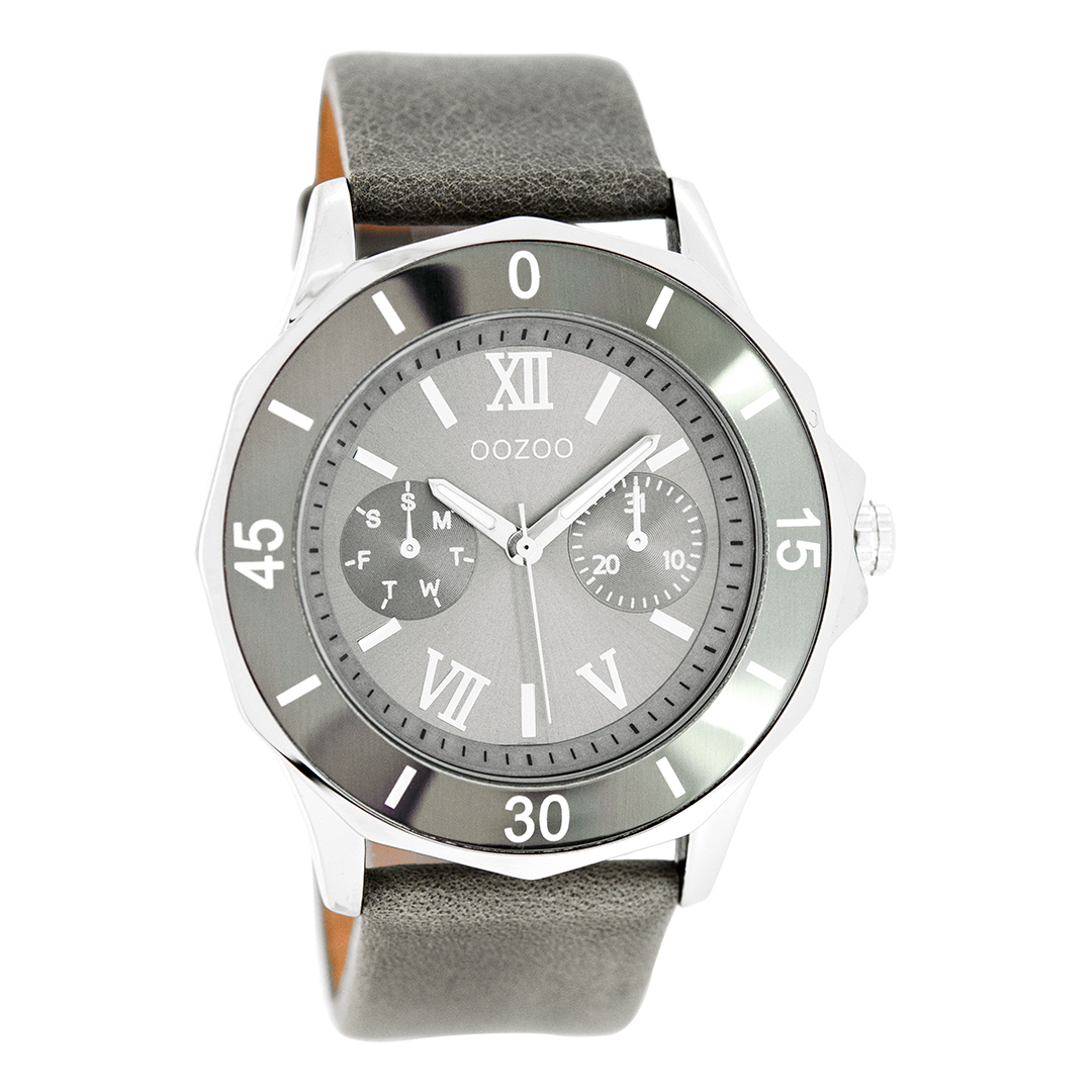 Silver coloured OOZOO watch with grey leather strap - C6258