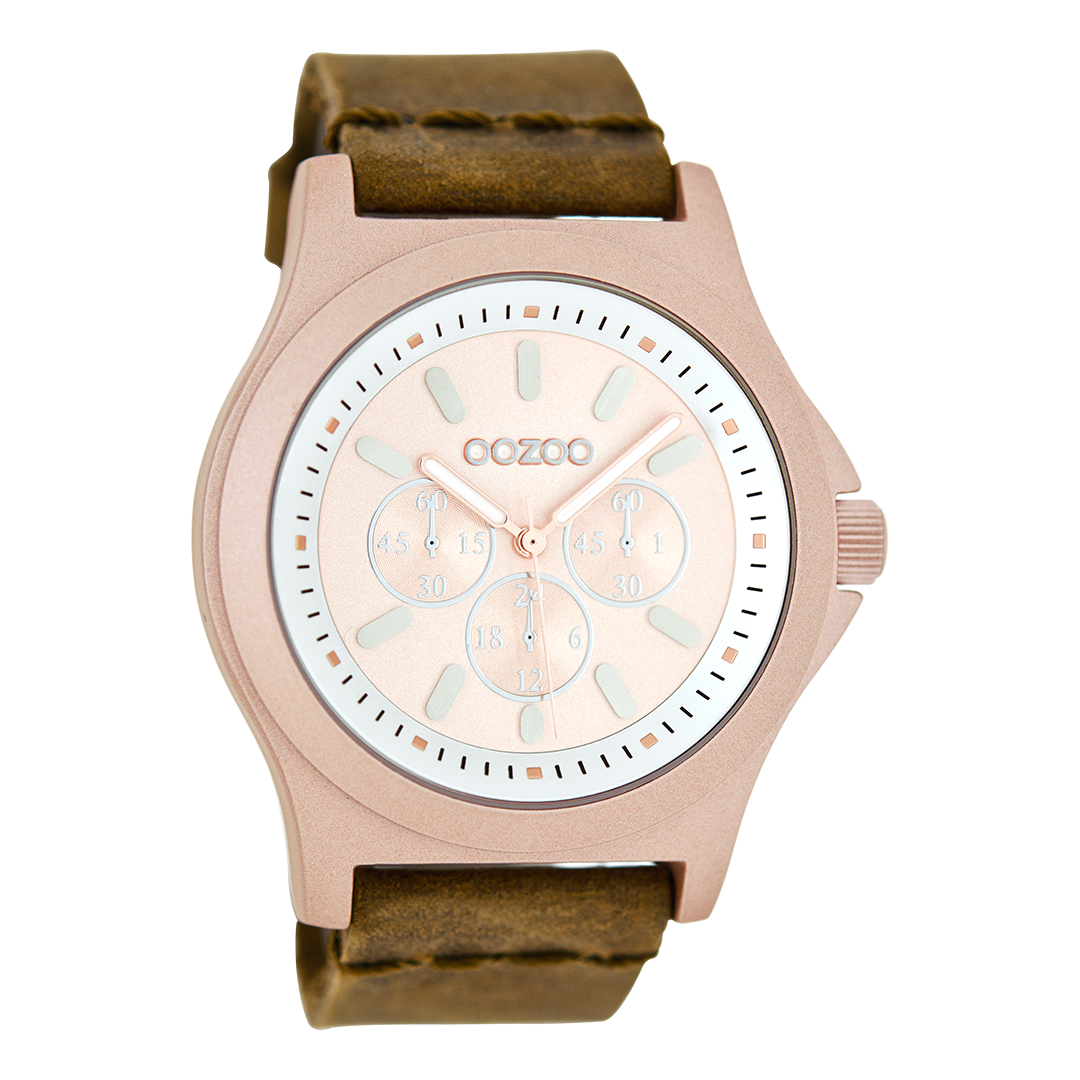 OOZOO Montre en couleur or rose avec bracelet en cuir en marron - C6512