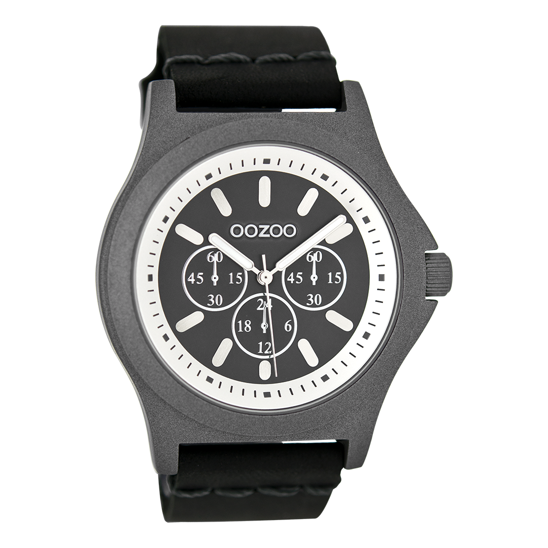 OOZOO Montre en gris foncé avec bracelet en cuir en noir - C6514