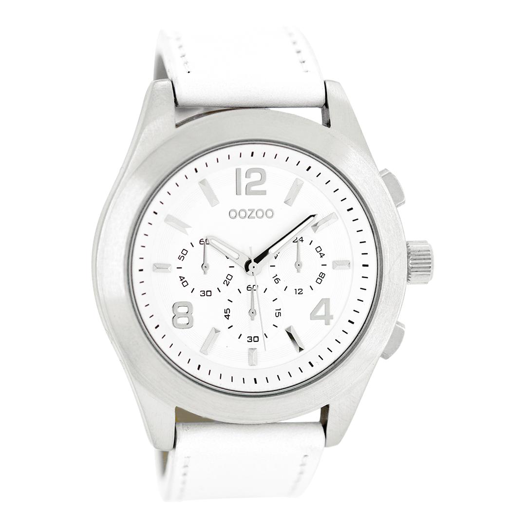 Silver coloured OOZOO watch with white leather strap - C6586