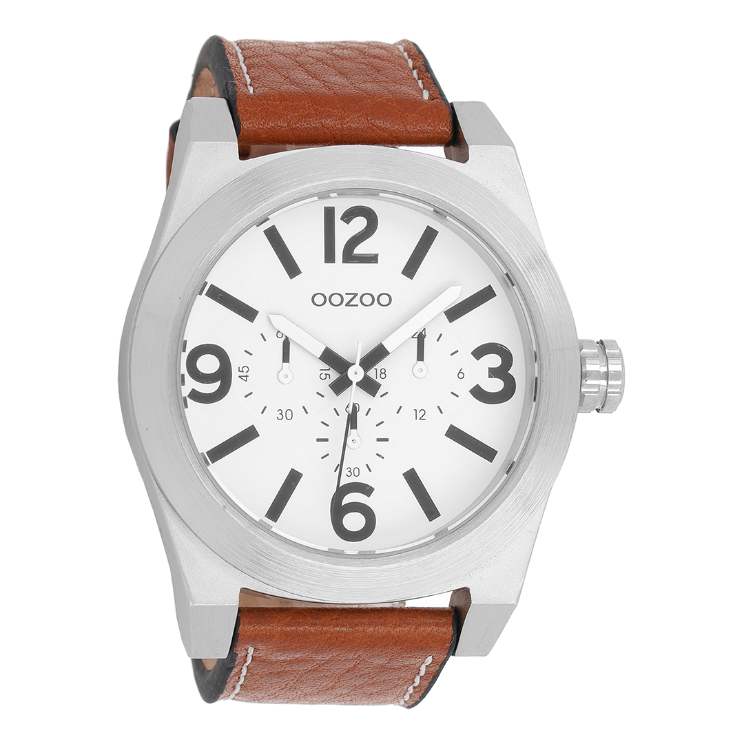 OOZOO Montre en couleur argent avec bracelet en cuir en cognac - C6730