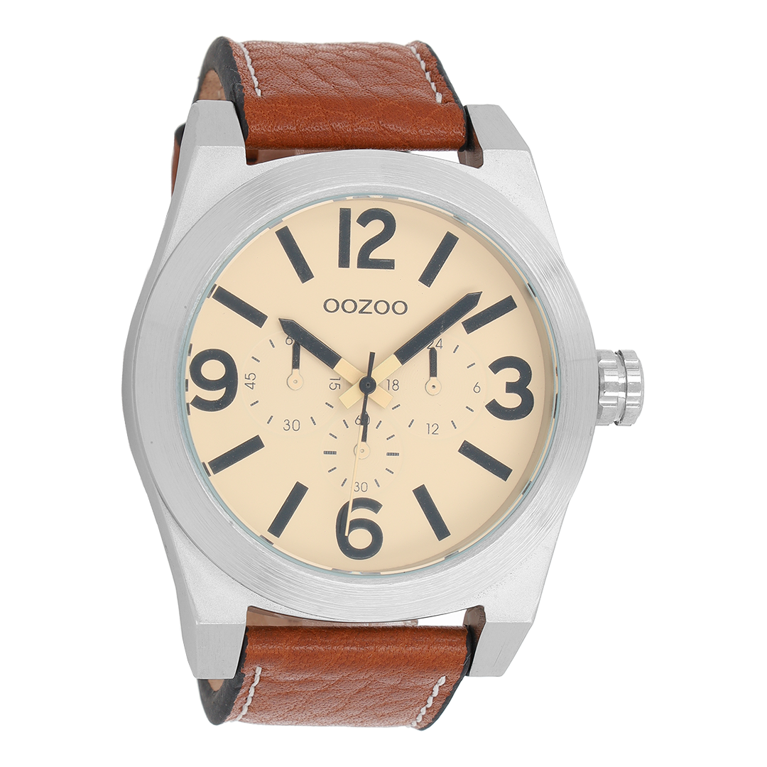 OOZOO Montre en couleur argent avec bracelet en cuir en cognac - C6731