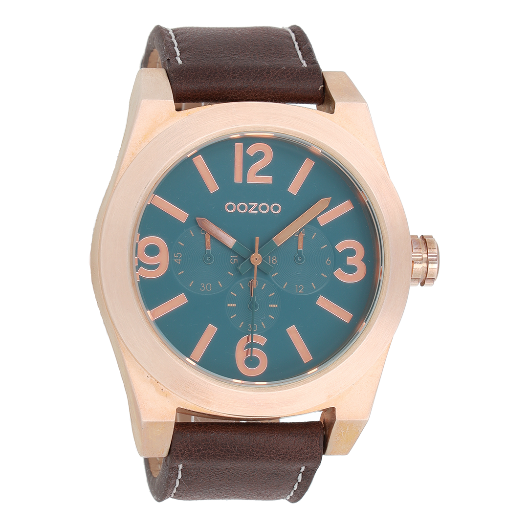 OOZOO Montre en couleur or rose avec bracelet en cuir en marron foncé - C6733
