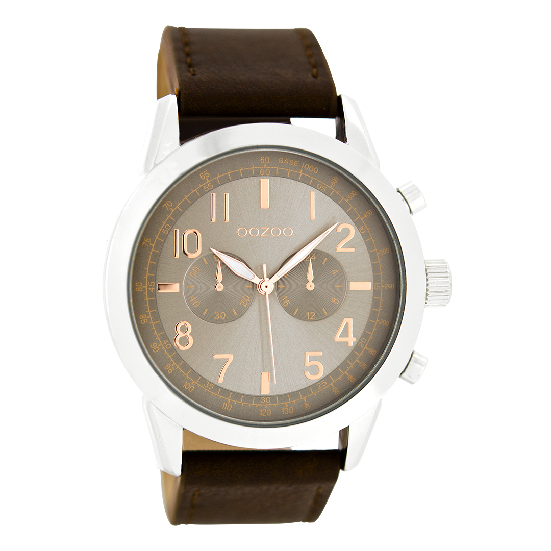 Silver coloured OOZOO watch with dark brown leather strap - C6885
