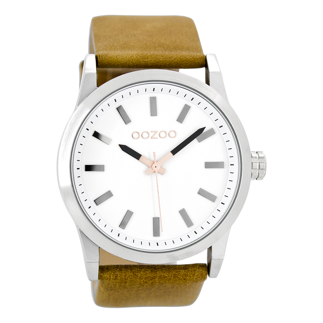 Silver coloured OOZOO watch with camel leather strap - C7035