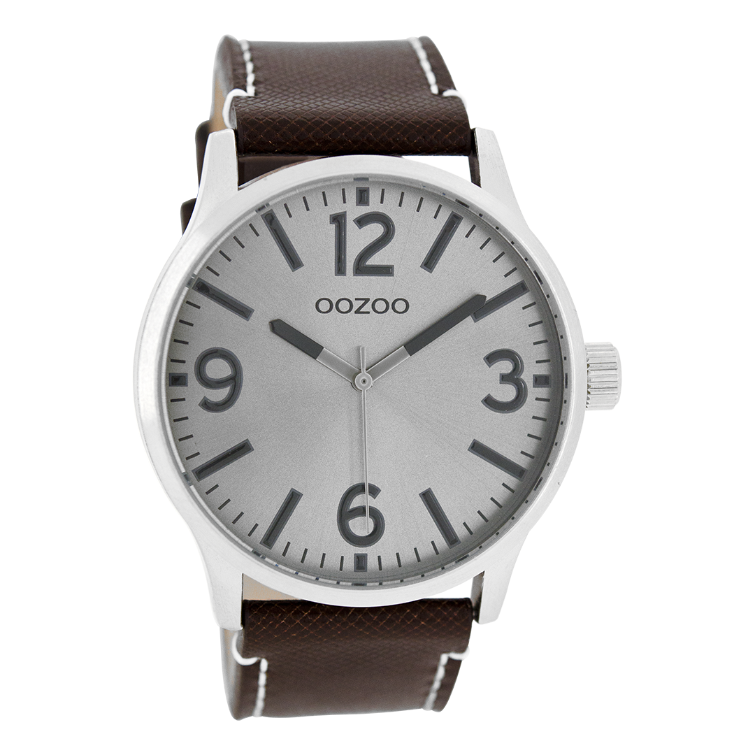 Silver coloured OOZOO watch with dark brown leather strap - C7407