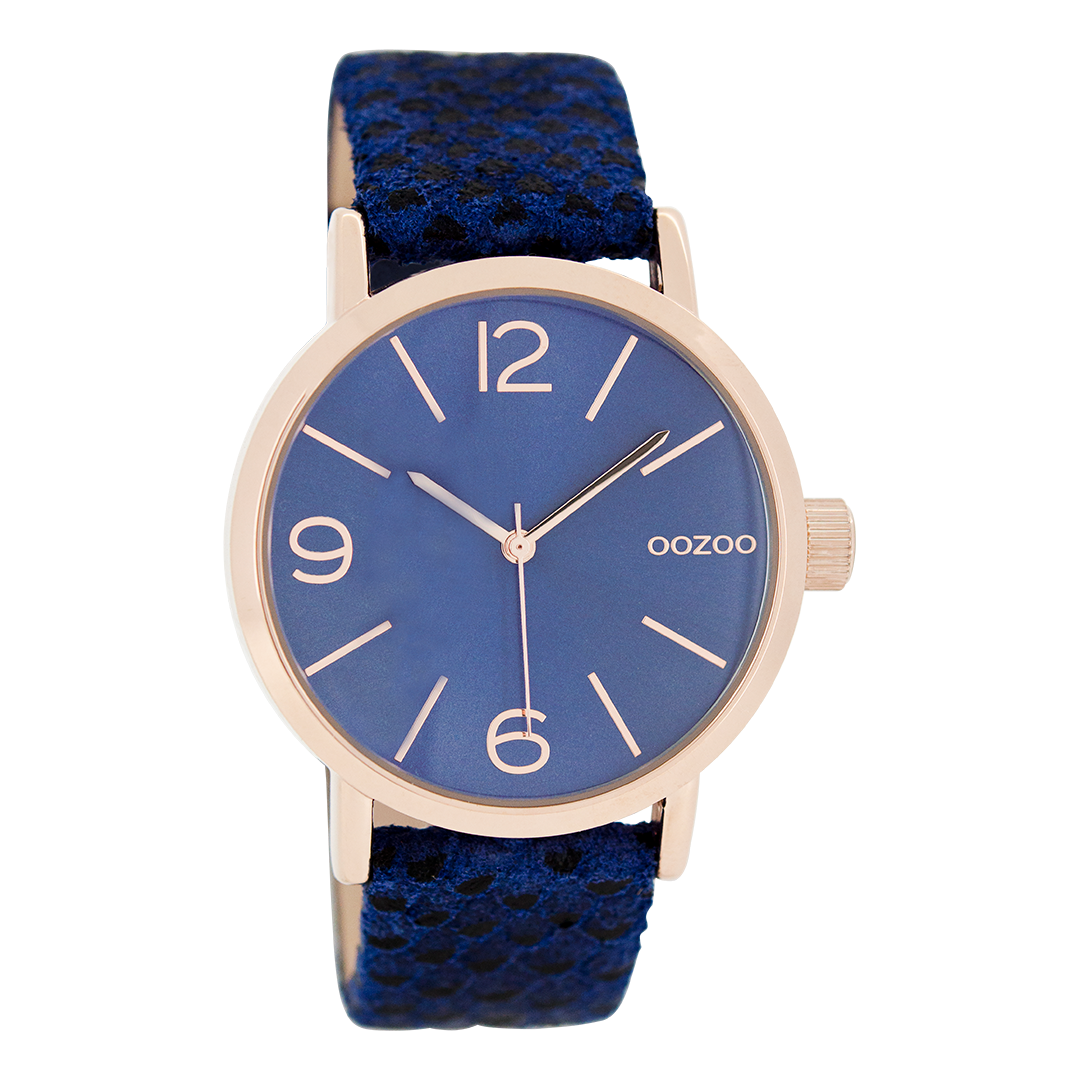 OOZOO Montre en couleur or rose avec bracelet en cuir en bleu foncé - C7577