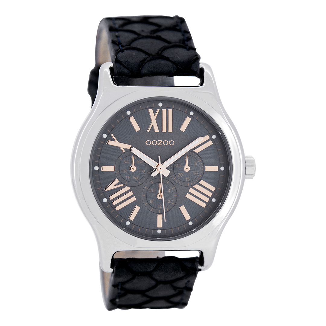 Silver coloured OOZOO watch with dark blue leather strap - C7612