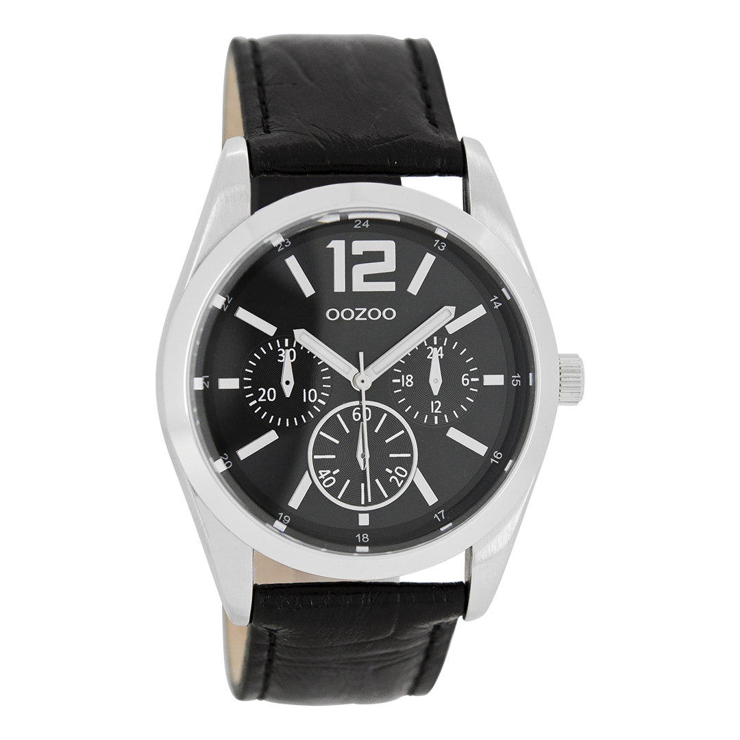 OOZOO Montre en couleur argent avec bracelet en cuir en noir - C7623
