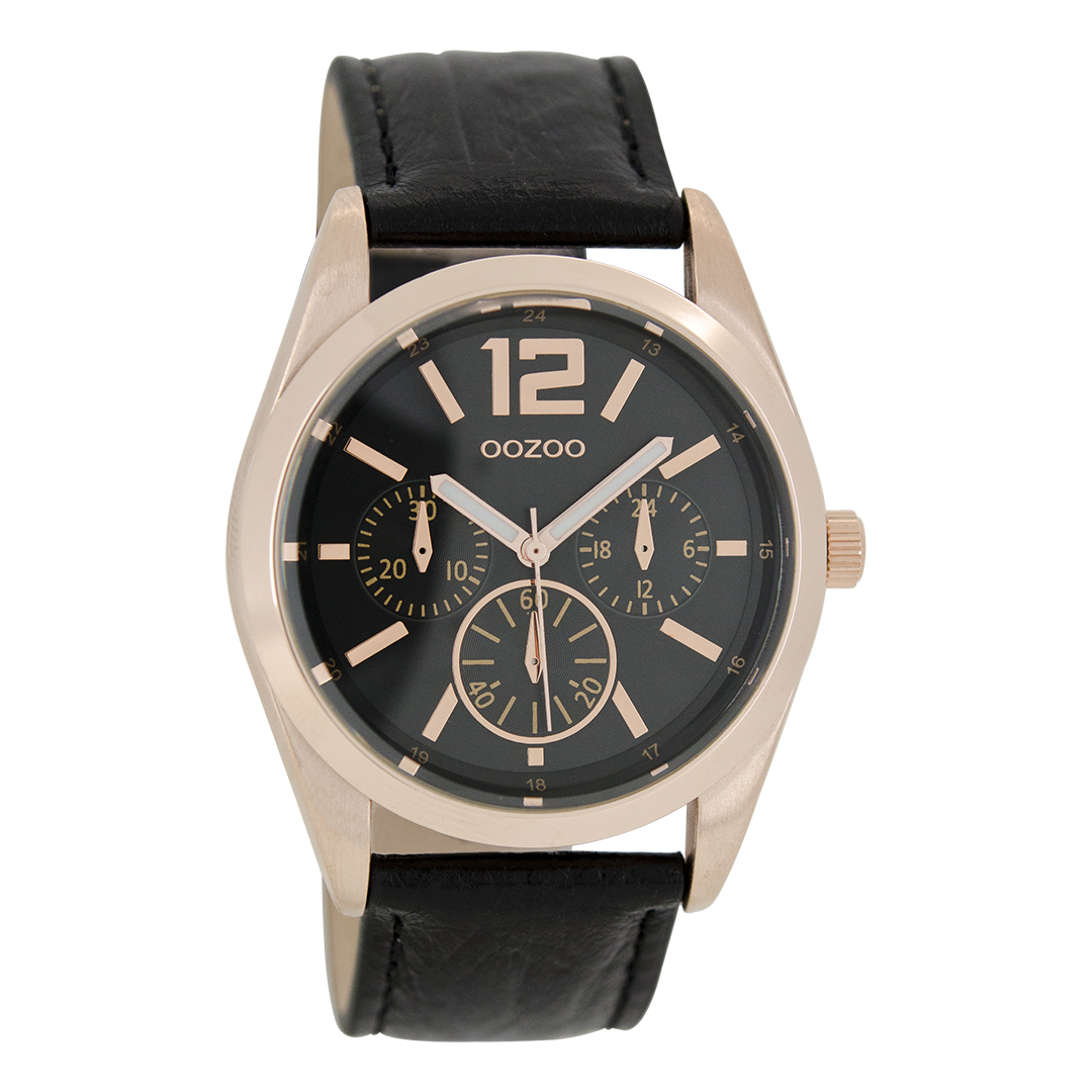 OOZOO Montre en couleur or rose avec bracelet en cuir en noir - C7624