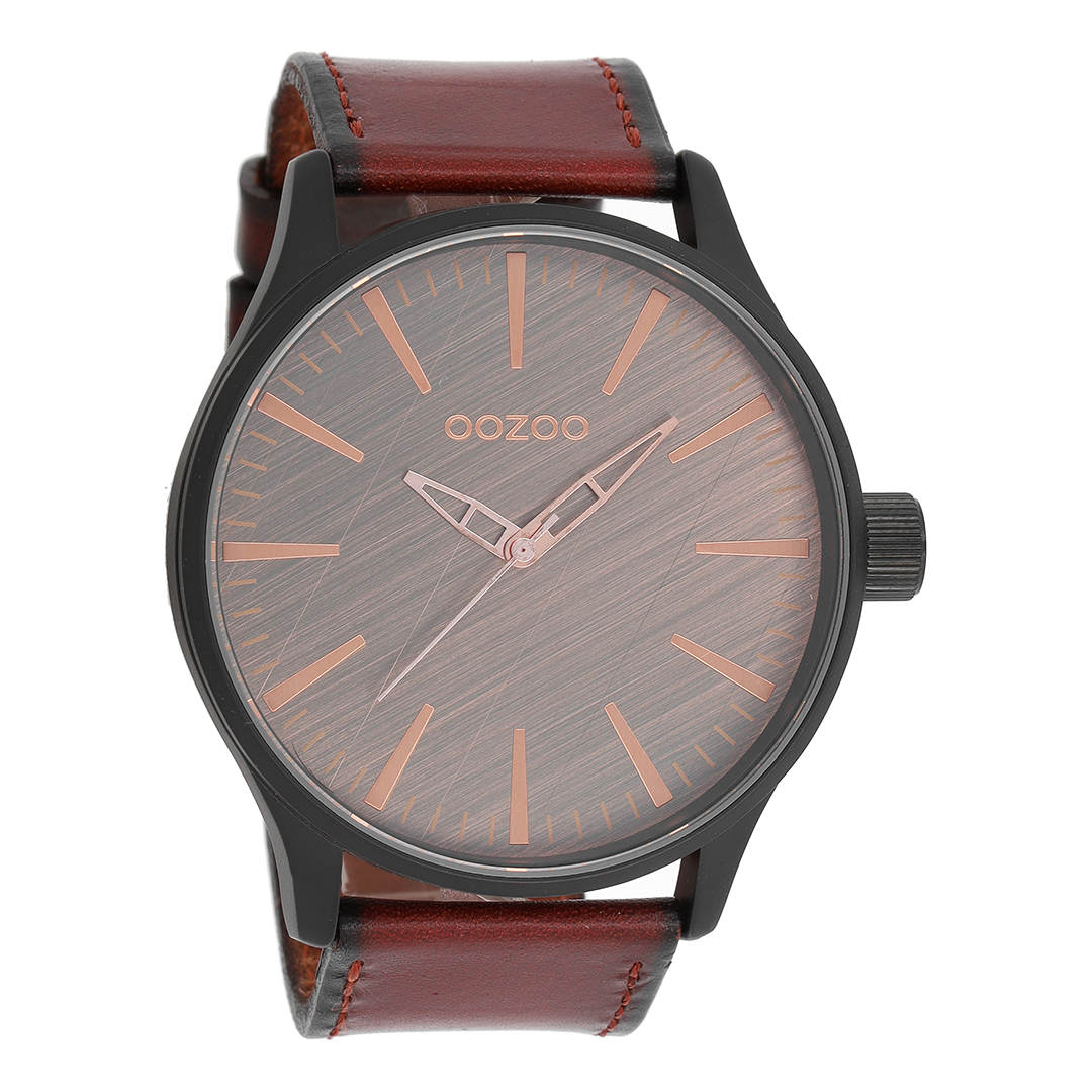 OOZOO Montre en noir avec bracelet en cuir en rouge/marron - C7862