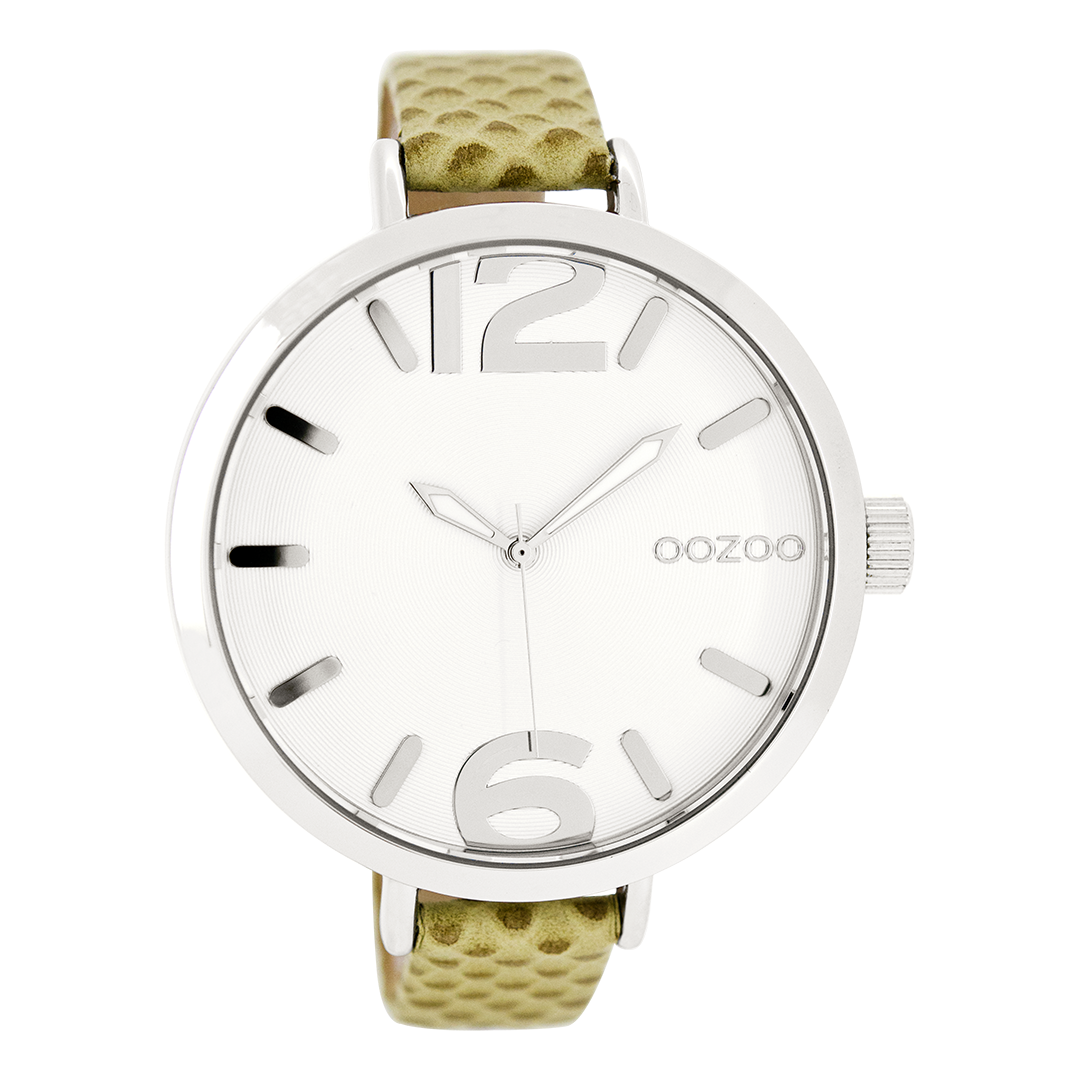 Silver coloured OOZOO watch with beige leather strap - C7956