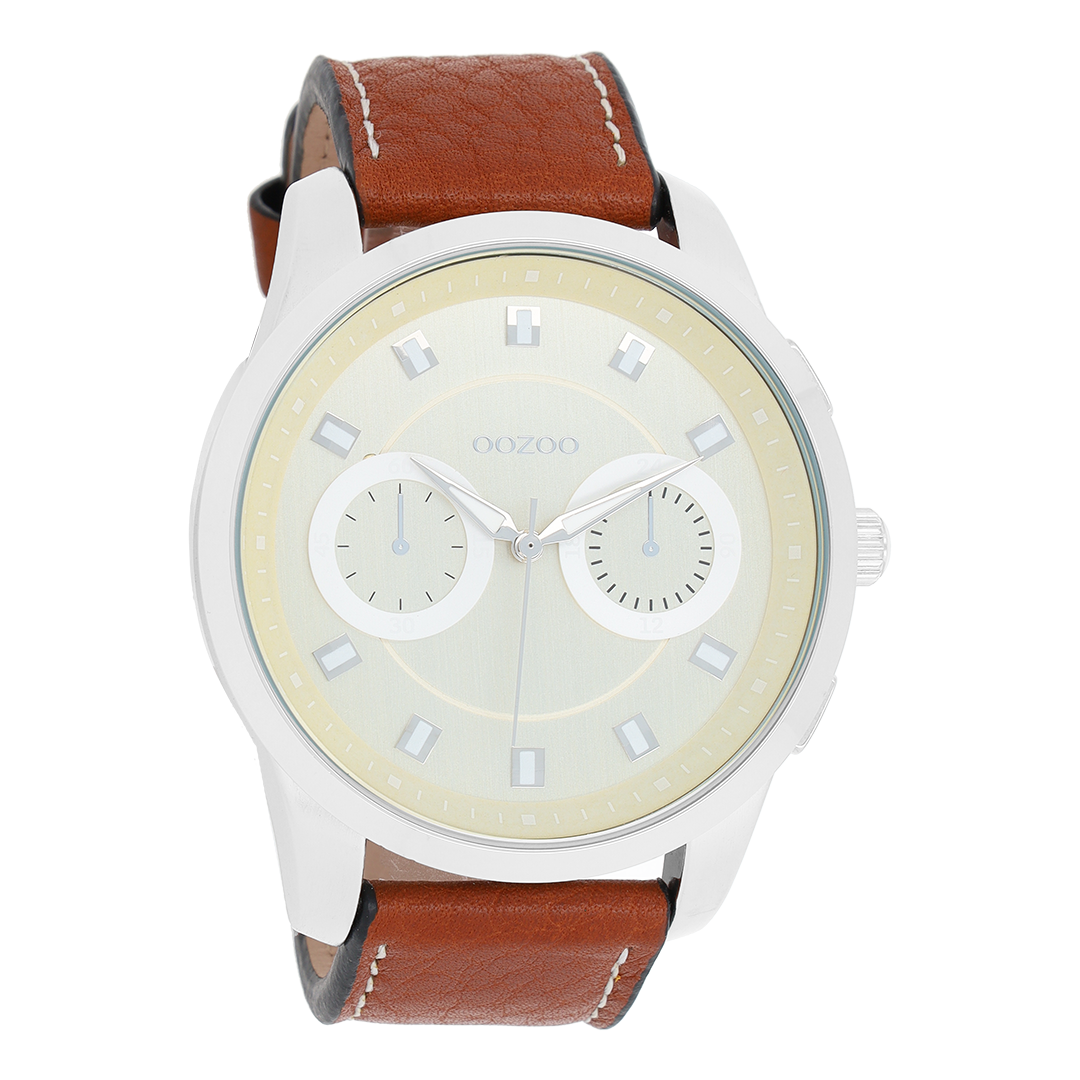 OOZOO Montre en couleur argent avec bracelet en cuir en cognac - C8206