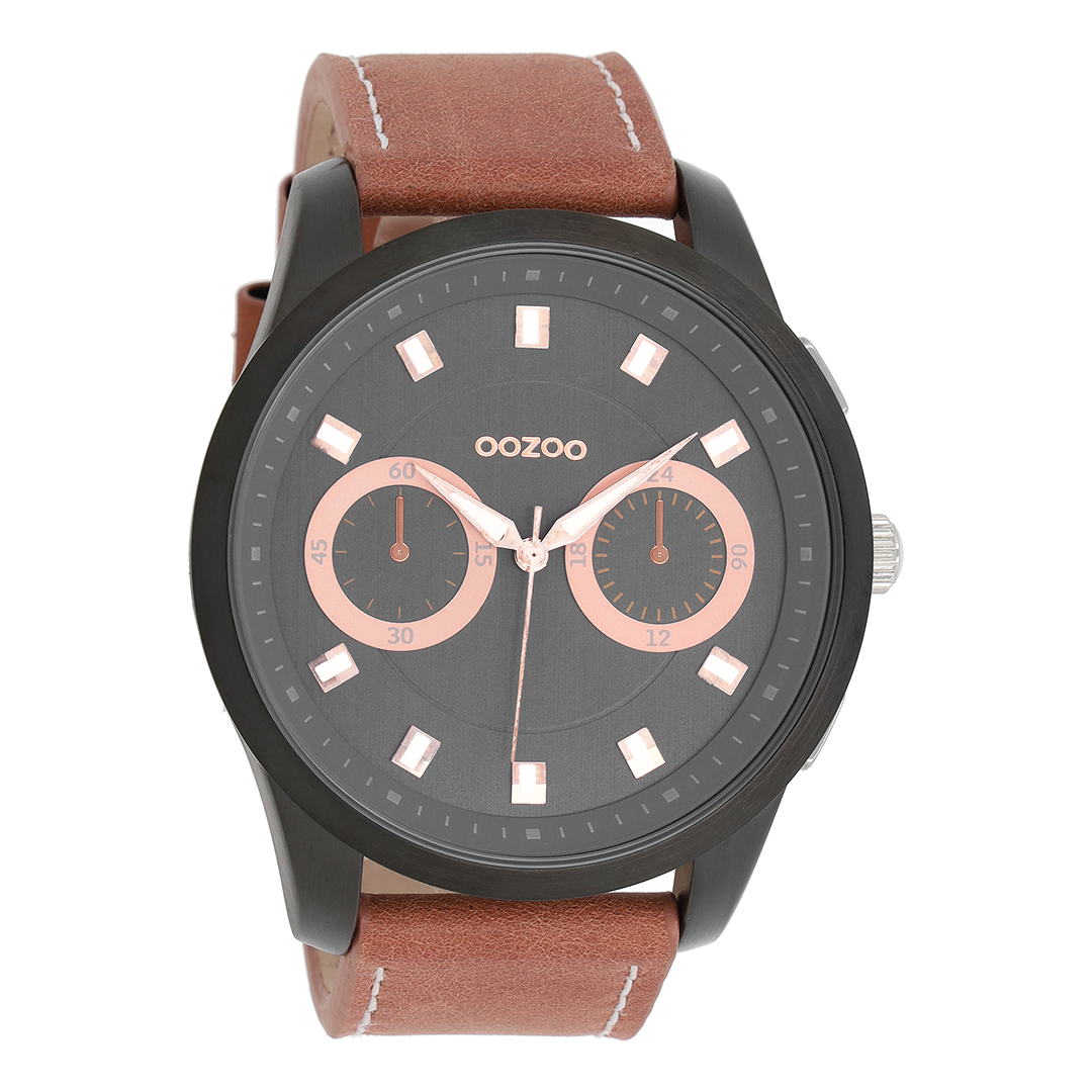 OOZOO Montre en noir avec bracelet en cuir en marron - C8208
