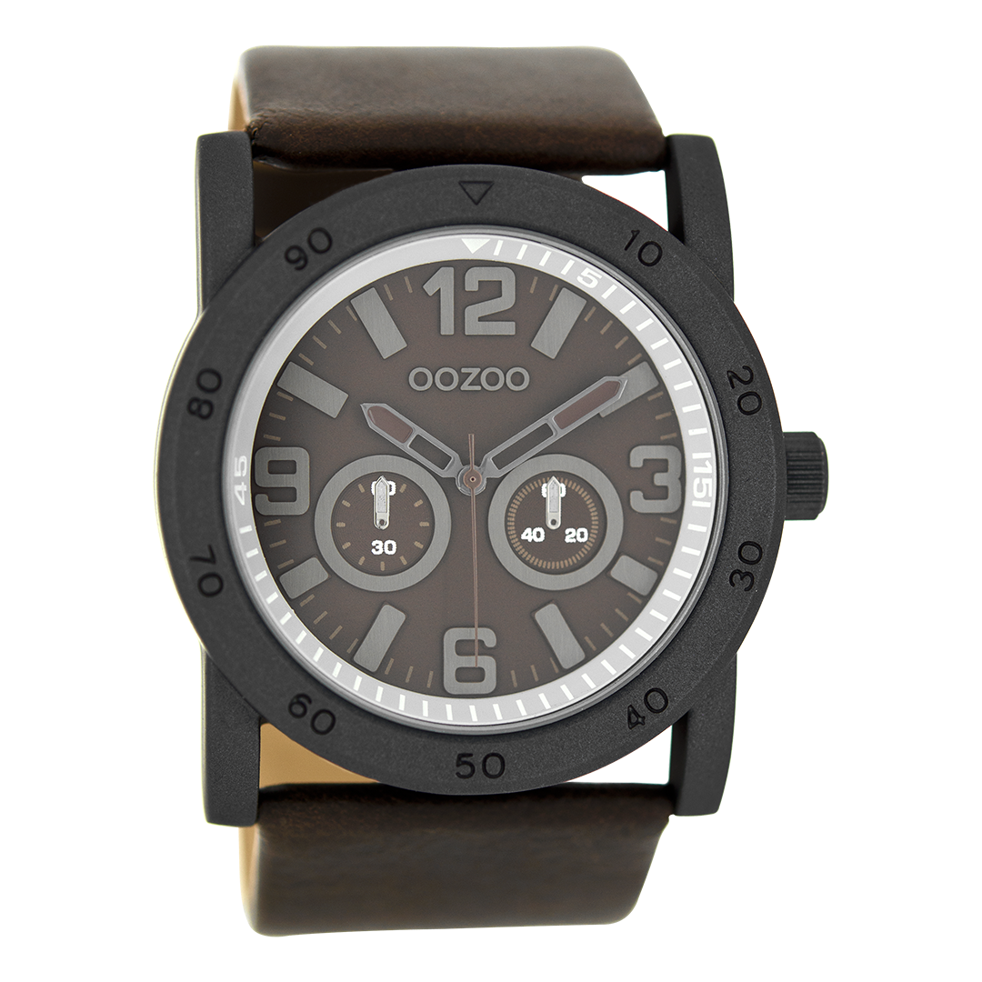 OOZOO Montre en noir avec bracelet en cuir en marron foncé - C8308