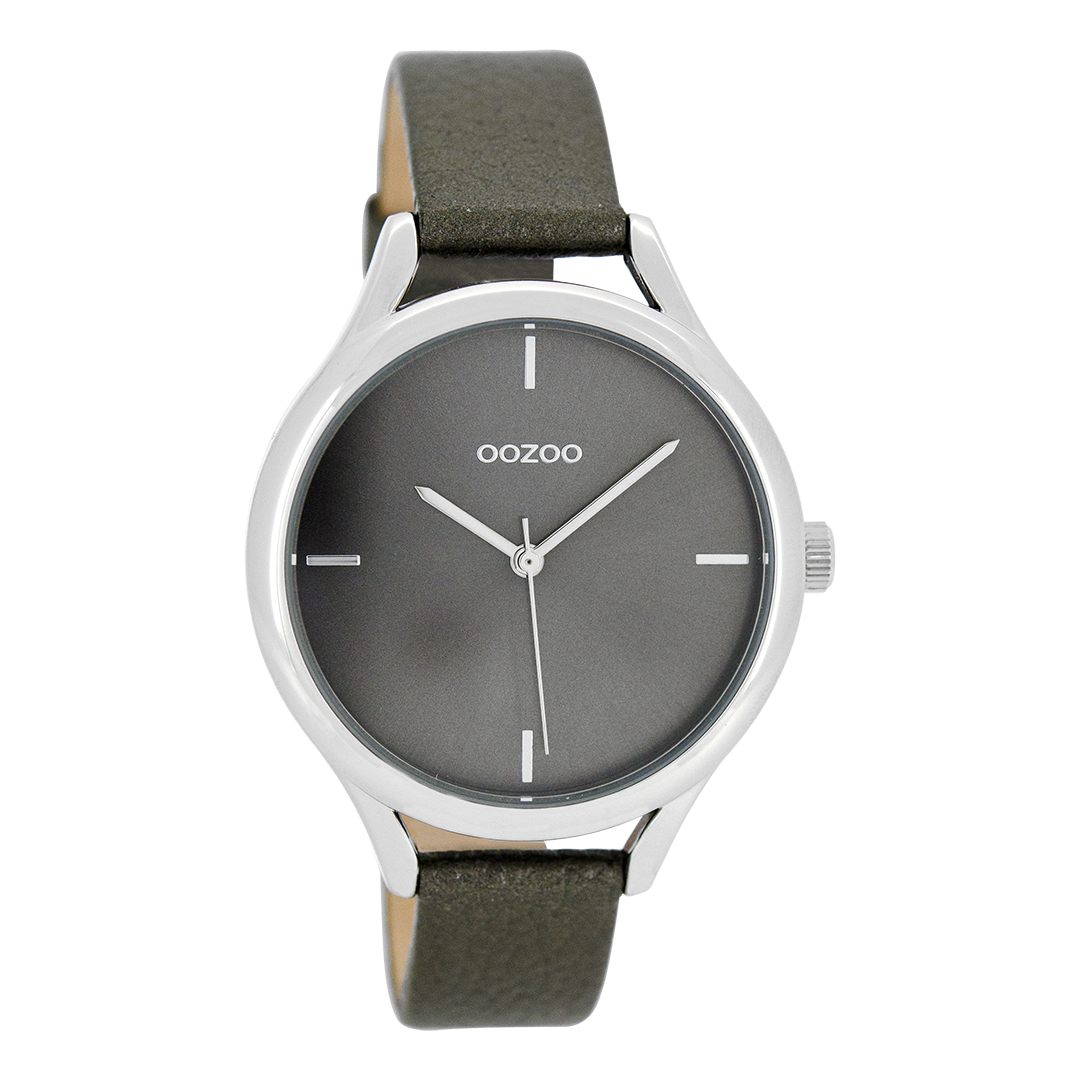 Zilverkleurige OOZOO horloge met grijze leren band - C8348