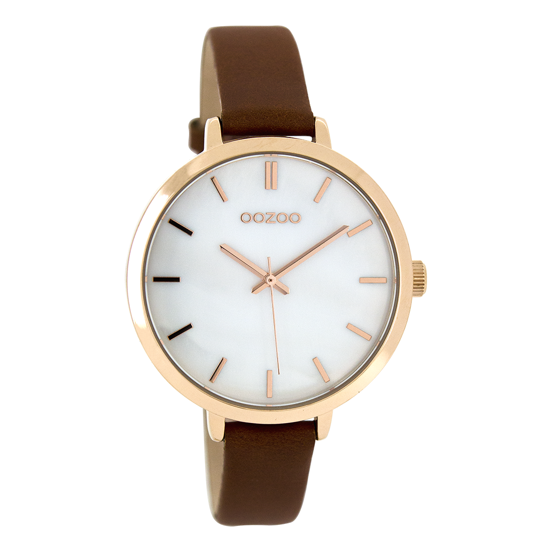 OOZOO Montre en couleur or rose avec bracelet en cuir en marron - C8358