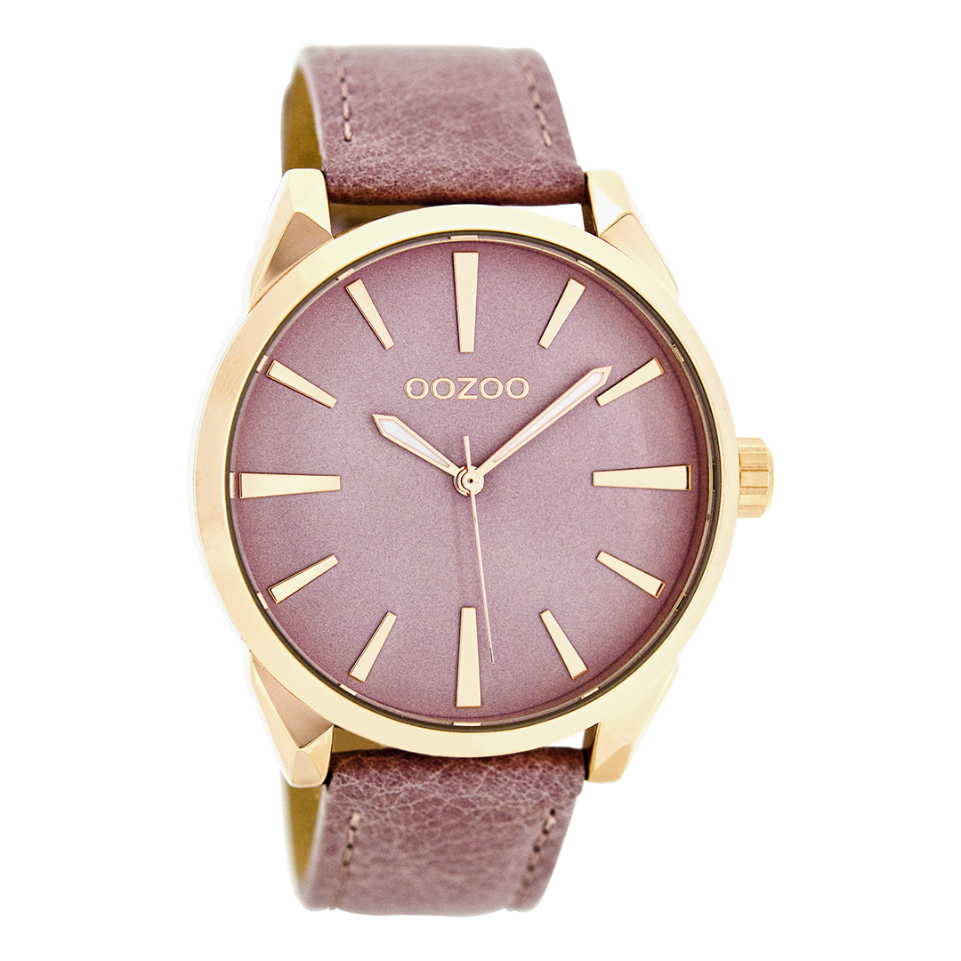 OOZOO Montre en couleur or rose avec bracelet en cuir en rose foncé - C8362