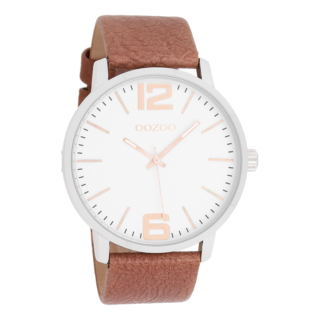 Silver coloured OOZOO watch with cognac leather strap - C8501