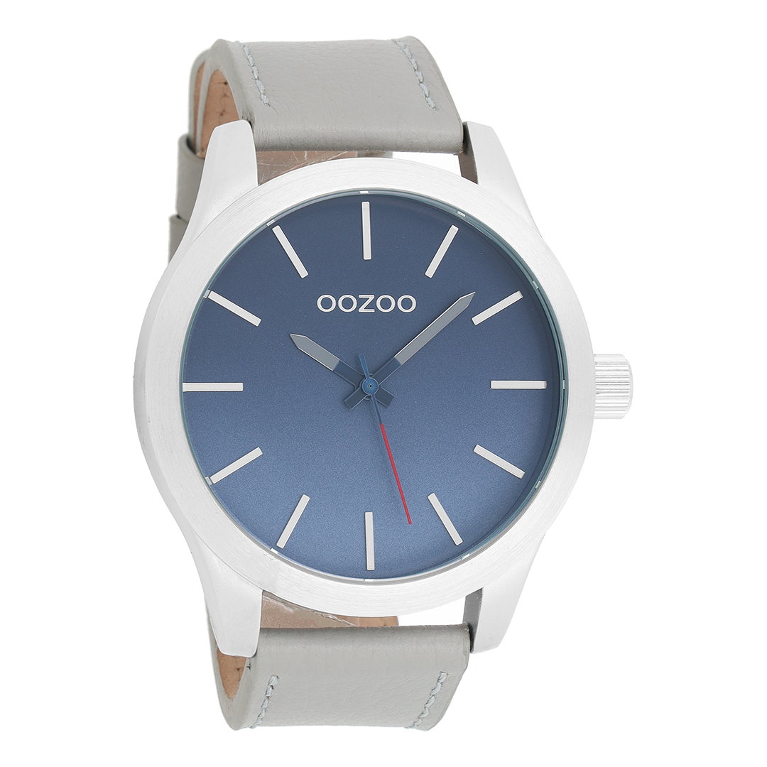 Silver coloured OOZOO watch with light grey leather strap - C8555