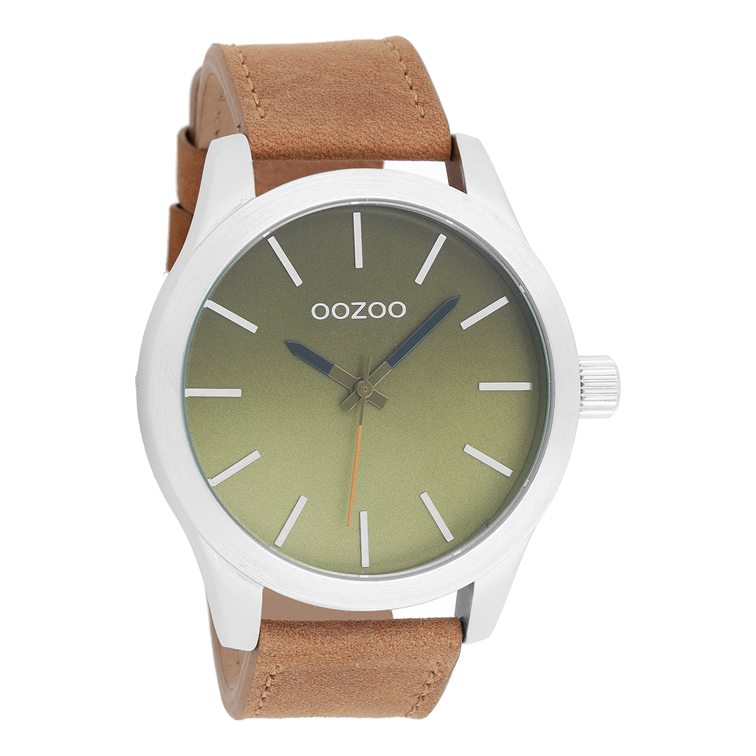 Silver coloured OOZOO watch with brown leather strap - C8556