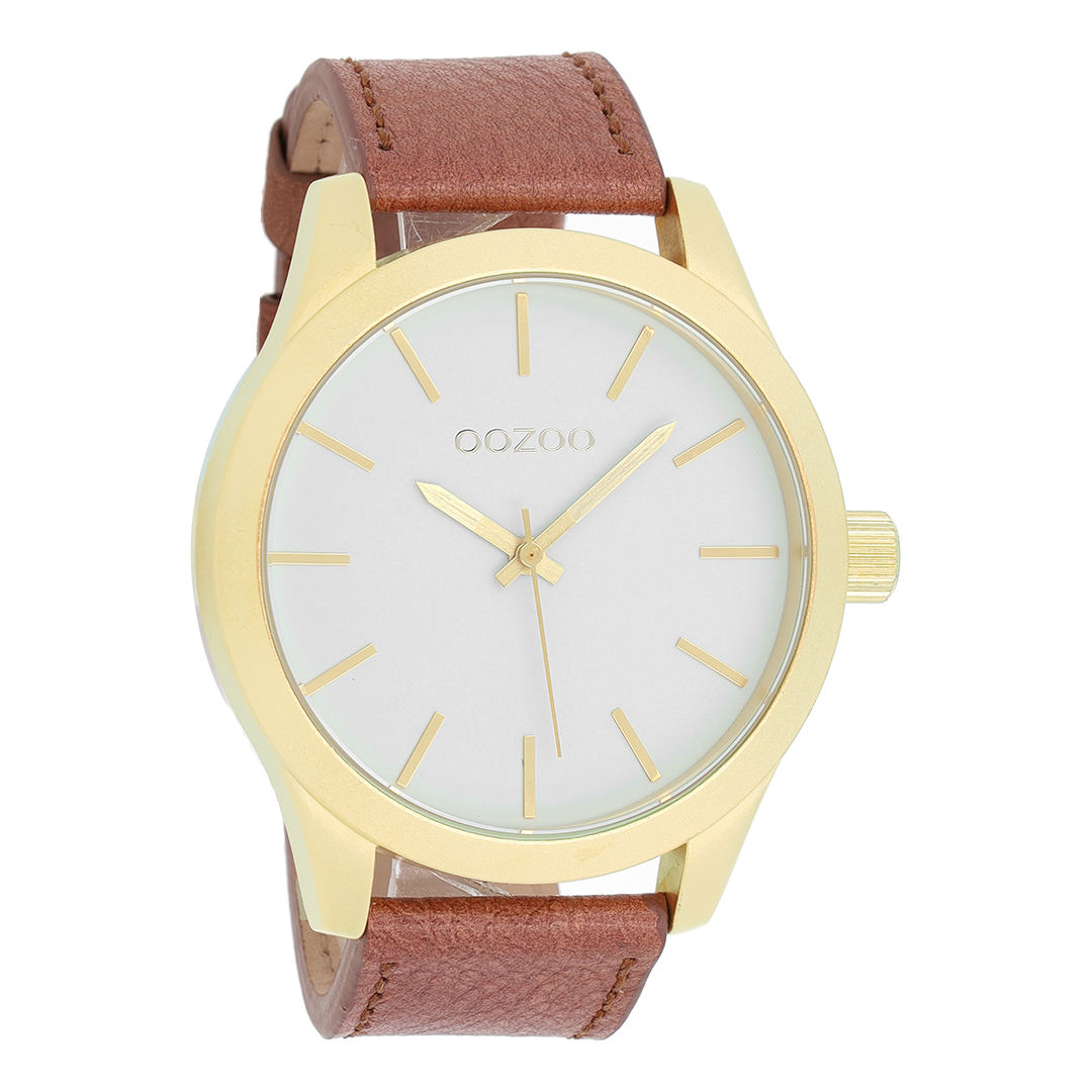 Gold coloured OOZOO watch with brown leather strap - C8557